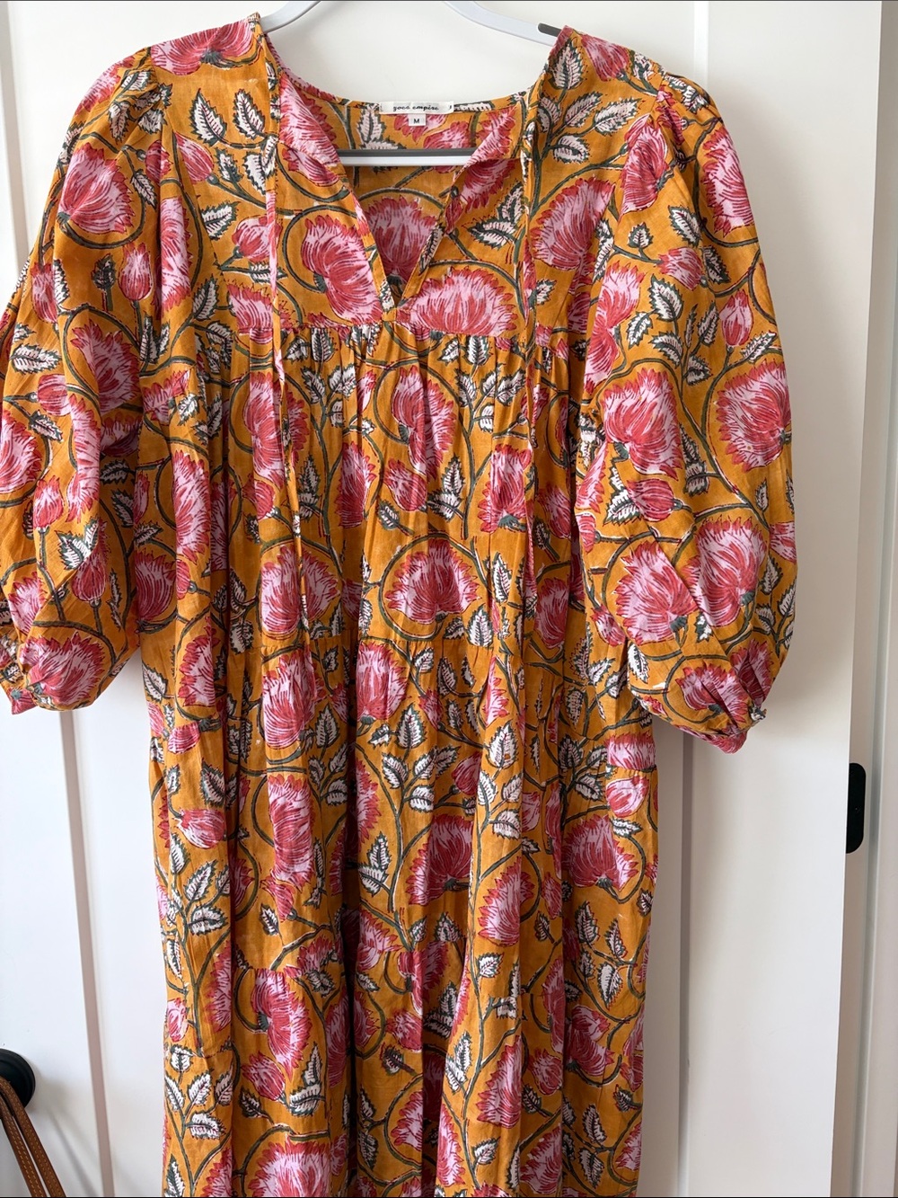 Women’s Floral Mustard Midi Dress with Pink Blooms